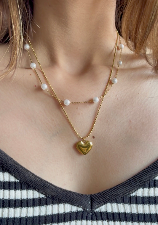 Double Layered Heart Pearl Necklace