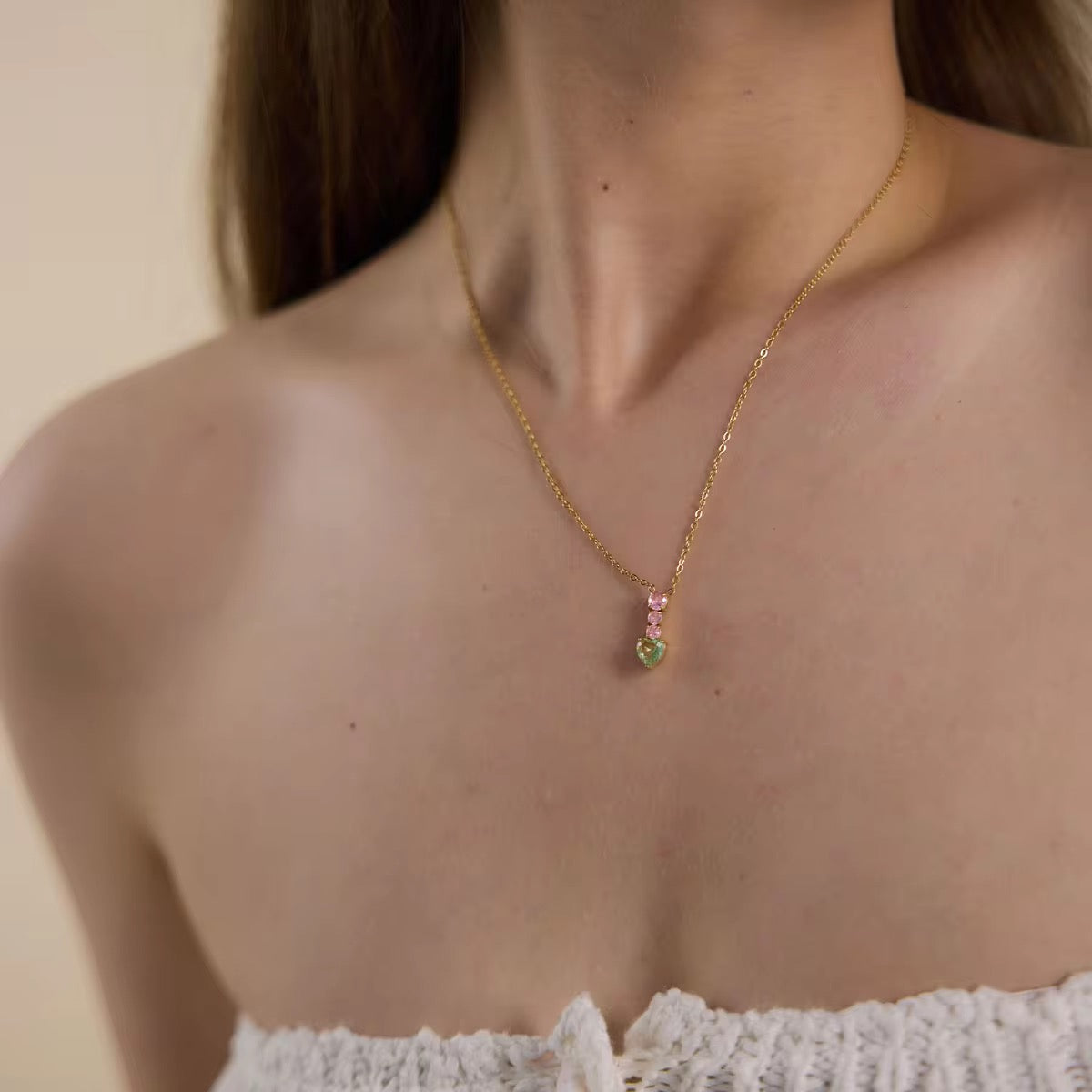 Pink & Green Heart Pendant Necklace