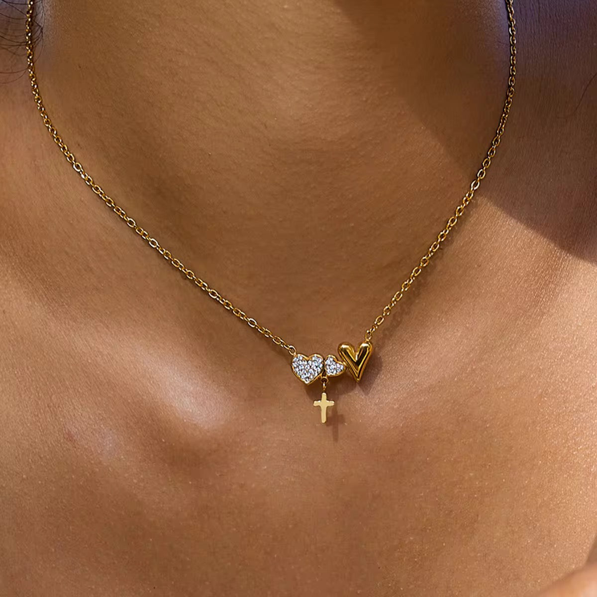 Triple Heart Cross Necklace